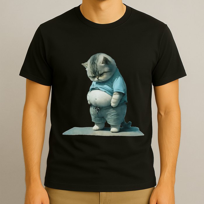 Funny Fat Cat Art Design Print T-Shirt
