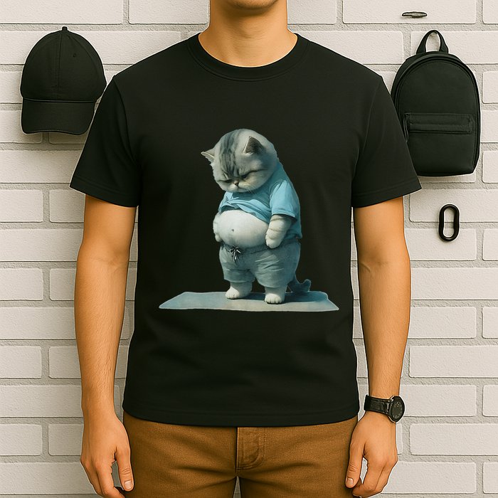 Funny Fat Cat Art Design Print T-Shirt