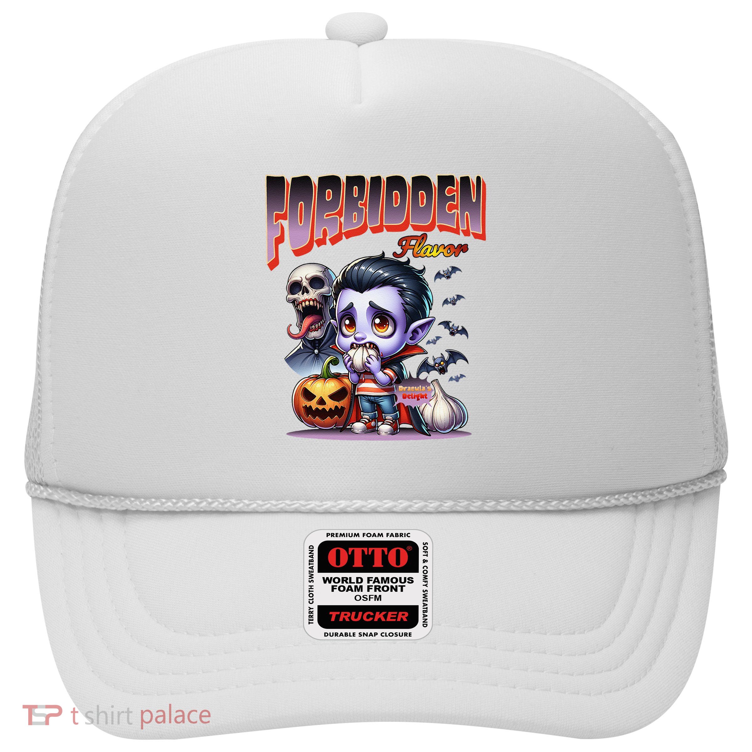 Forbidden Flavor Cute Dracula Halloween Garlic Theme Trucker Hat