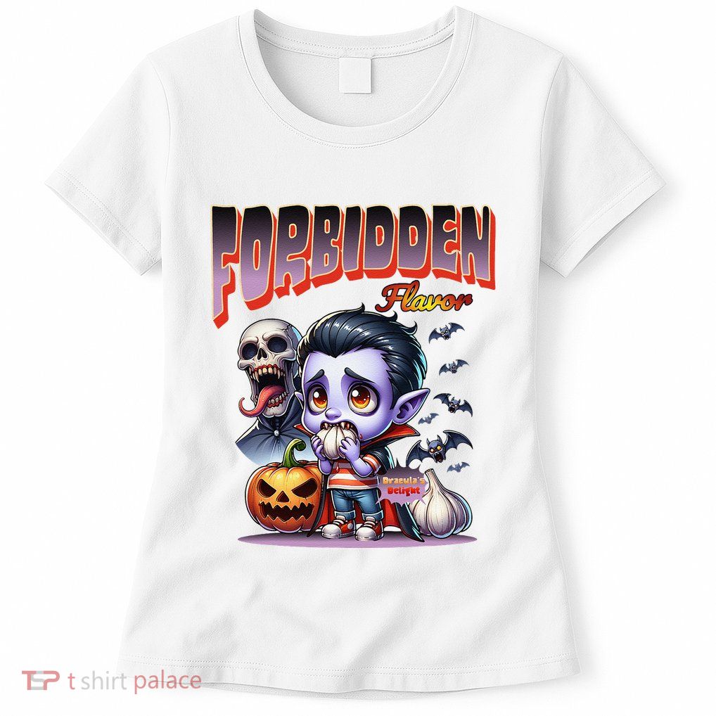 Forbidden Flavor Cute Dracula Halloween Garlic Theme Womens T-Shirt