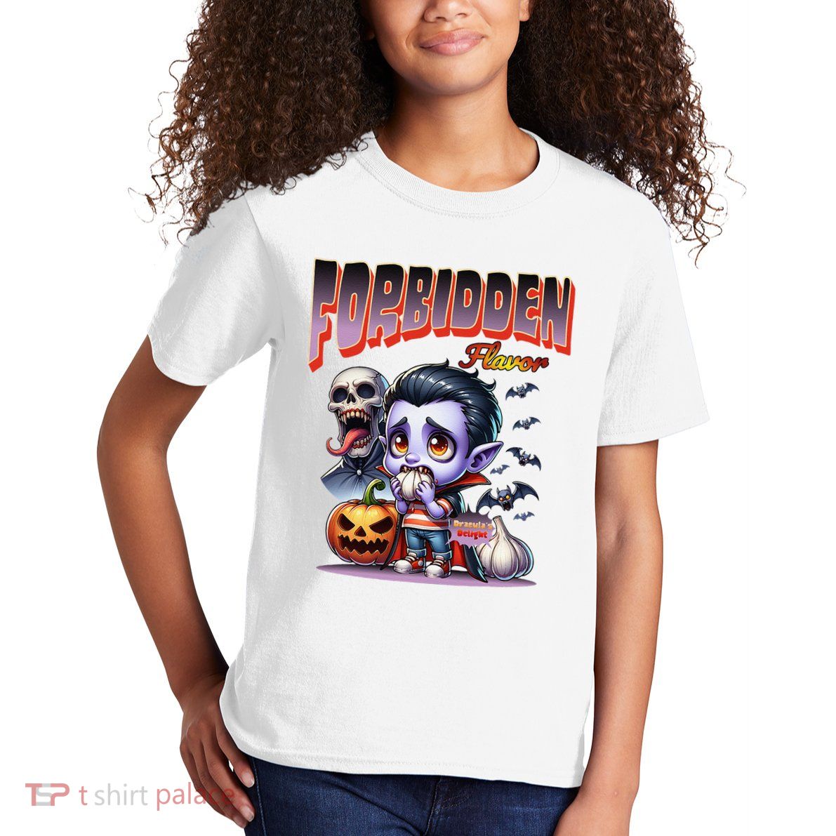 Forbidden Flavor Cute Dracula Halloween Garlic Theme Kids T-Shirt