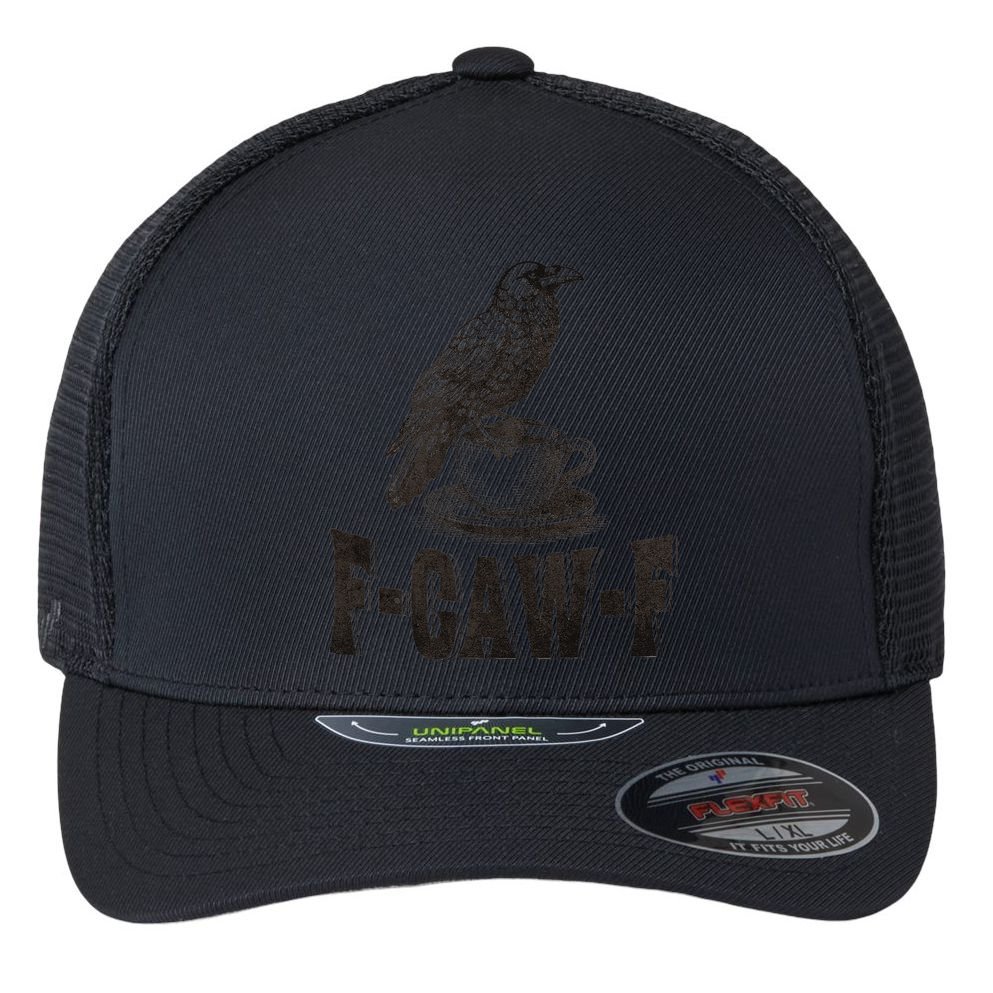 Funny F-CAW-F Crow Coffee Humor Graphic Gift Flexfit Unipanel Trucker Cap