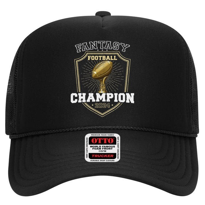 Fantasy Football Champion 2024 Shield Trophy Emblem High Crown Mesh Back Trucker Hat