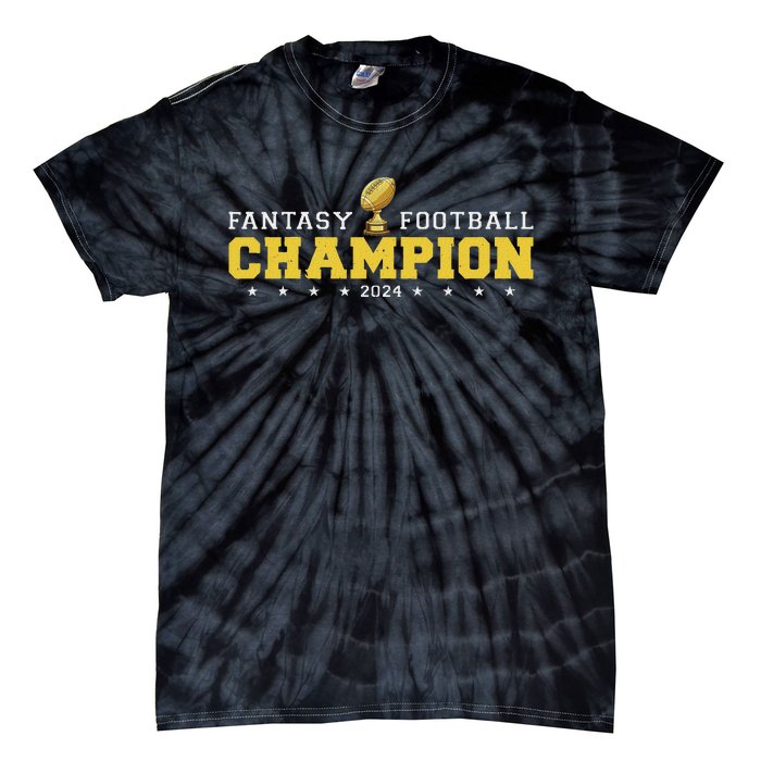 Fantasy Football Champion 2024 Shield Trophy Emblem Tie-Dye T-Shirt