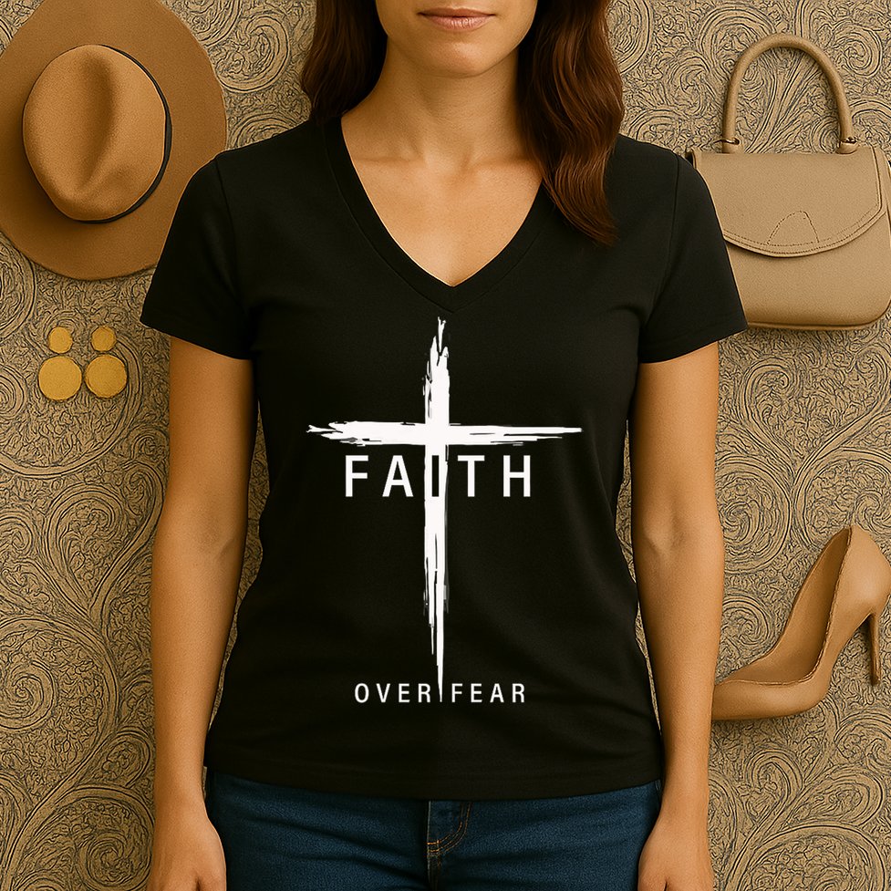 Faith Fear Christian Cross Jesus Christ Men Women Christians Women's V-Neck T-Shirt
