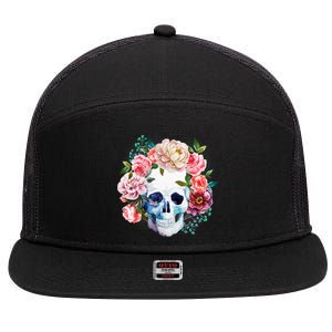 Fancy Flower Crown Skull 7 Panel Mesh Trucker Snapback Hat