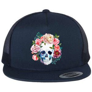 Fancy Flower Crown Skull Flat Bill Trucker Hat