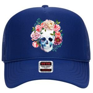 Fancy Flower Crown Skull High Crown Mesh Back Trucker Hat