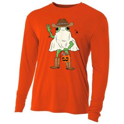 Funny Frog Cowboy Pumpkin Halloween Western Spooky Season Cooling Performance Long Sleeve Crew