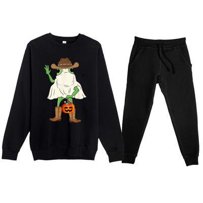 Funny Frog Cowboy Pumpkin Halloween Western Spooky Season Premium Crewneck Sweatsuit Set