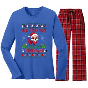 Fishing Funny Christmas Lights I Wish A Merry Fishmas Gift Women's Long Sleeve Flannel Pajama Set 