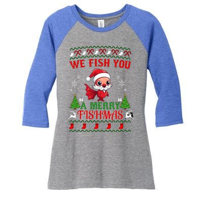 Fishing Funny Christmas Lights I Wish A Merry Fishmas Gift Women's Tri-Blend 3/4-Sleeve Raglan Shirt