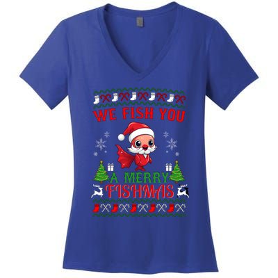 Fishing Funny Christmas Lights I Wish A Merry Fishmas Gift Women's V-Neck T-Shirt