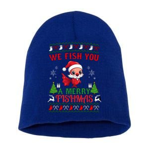 Fishing Funny Christmas Lights I Wish A Merry Fishmas Gift Short Acrylic Beanie