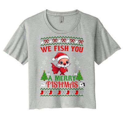 Fishing Funny Christmas Lights I Wish A Merry Fishmas Gift Women's Crop Top Tee