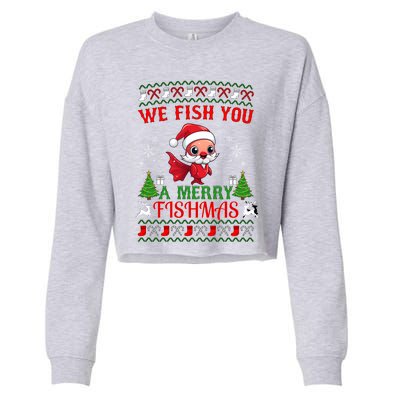 Fishing Funny Christmas Lights I Wish A Merry Fishmas Gift Cropped Pullover Crew