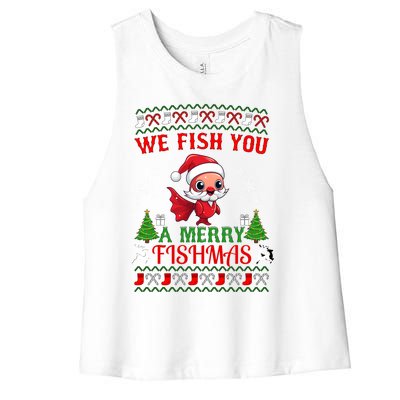 Fishing Funny Christmas Lights I Wish A Merry Fishmas Gift Women's Racerback Cropped Tank