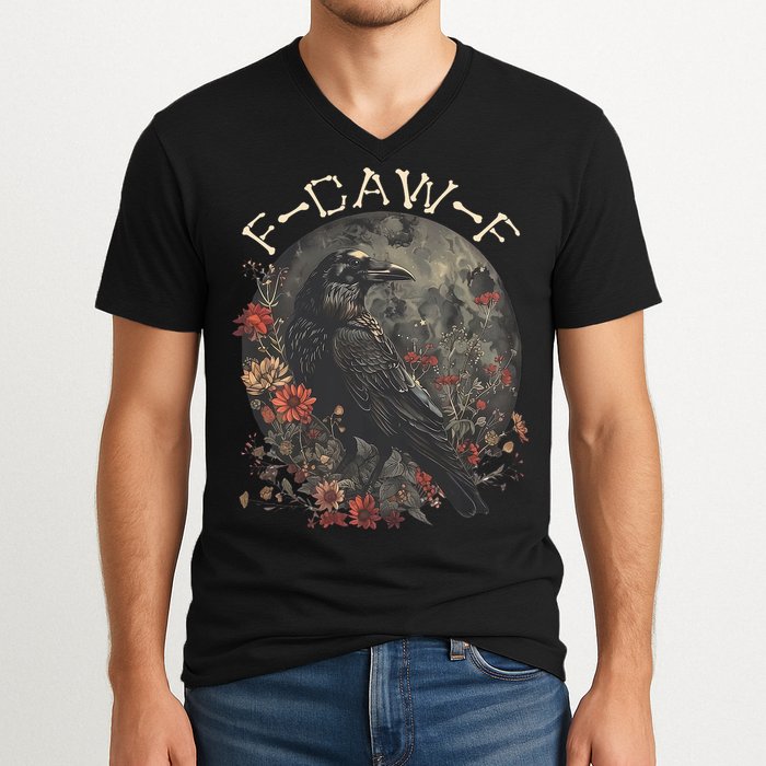 Funny F Caw F Raven Bird Saying Graphic V-Neck T-Shirt