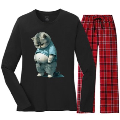 Funny Fat Cat Art Design Fat Kitten Cat Lover Women's Long Sleeve Flannel Pajama Set 