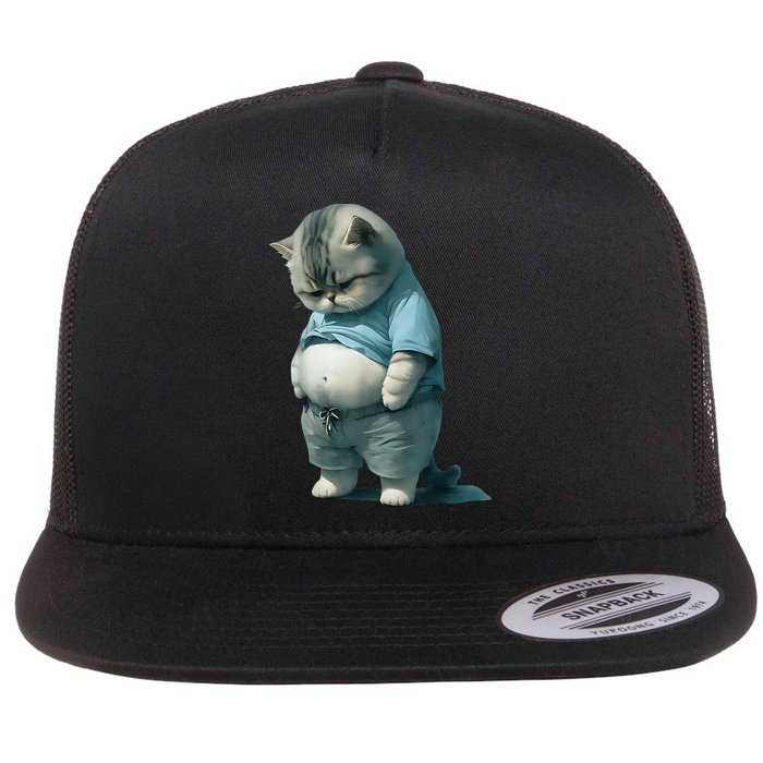 Funny Fat Cat Art Design Fat Kitten Cat Lover Flat Bill Trucker Hat