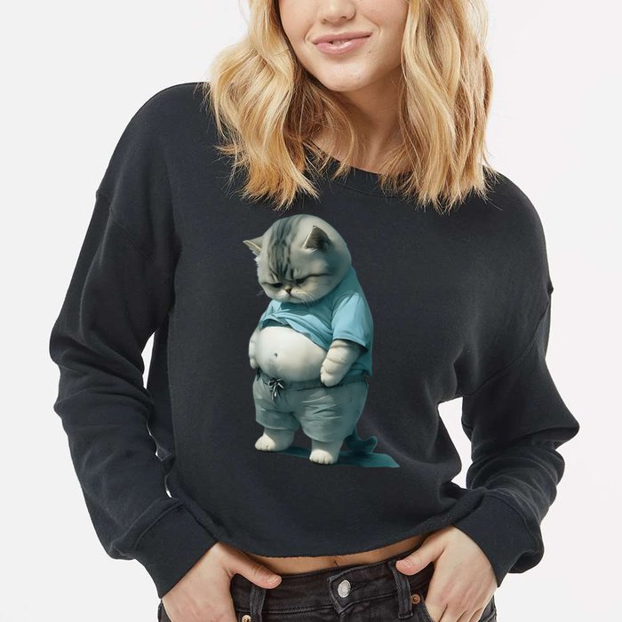 Funny Fat Cat Art Design Fat Kitten Cat Lover Cropped Pullover Crew