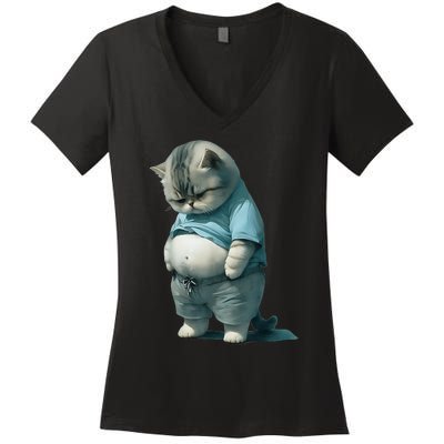 Funny Fat Cat Art Design Fat Kitten Cat Lover Women's V-Neck T-Shirt