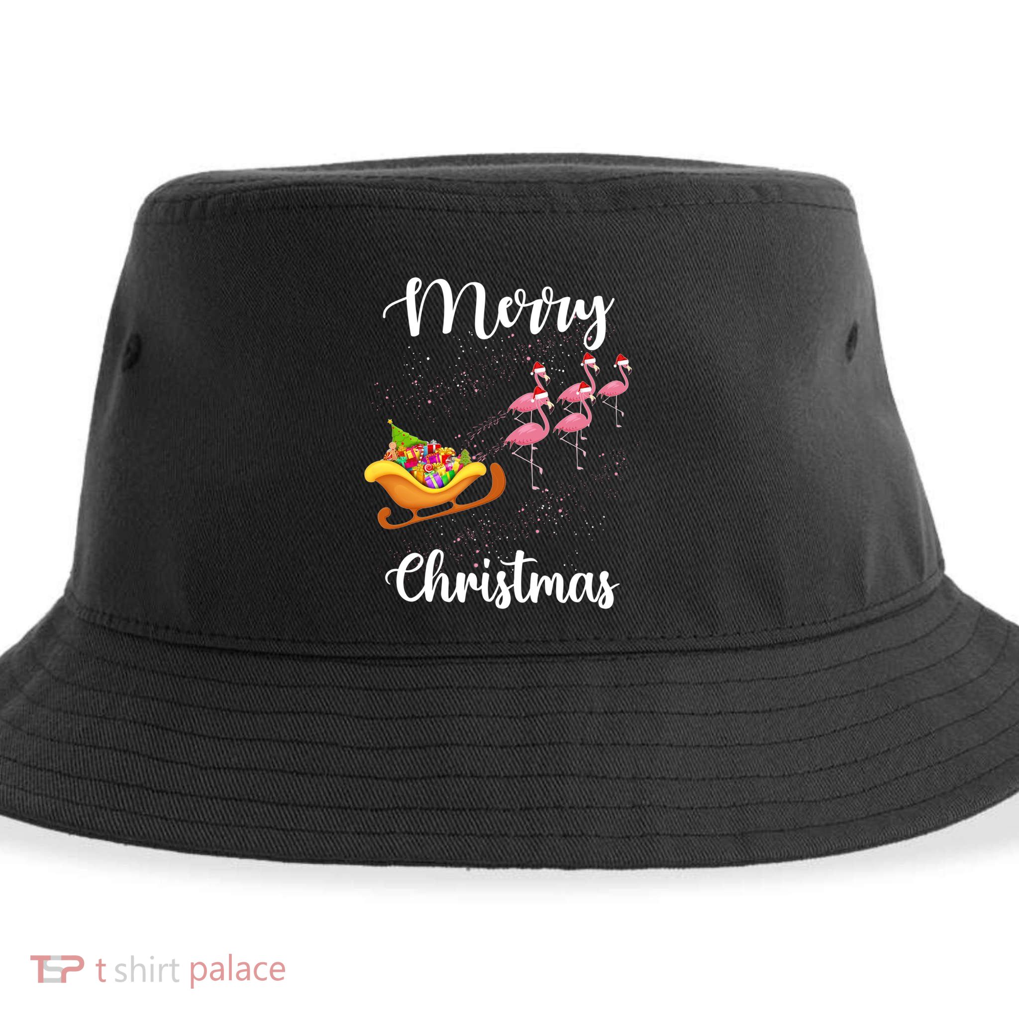 Funny Flamingo Christmas Pink Flamingos Sleigh Snow Santa Gift Sustainable Bucket Hat