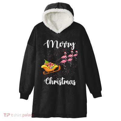 Funny Flamingo Christmas Pink Flamingos Sleigh Snow Santa Gift Hooded Wearable Blanket