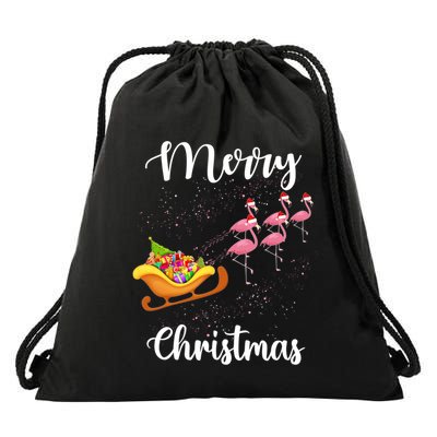 Funny Flamingo Christmas Pink Flamingos Sleigh Snow Santa Gift Drawstring Bag