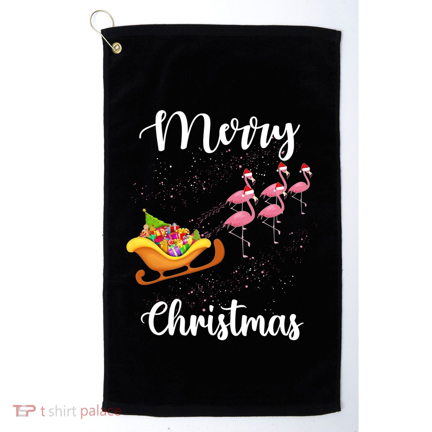 Funny Flamingo Christmas Pink Flamingos Sleigh Snow Santa Gift Golf Towel