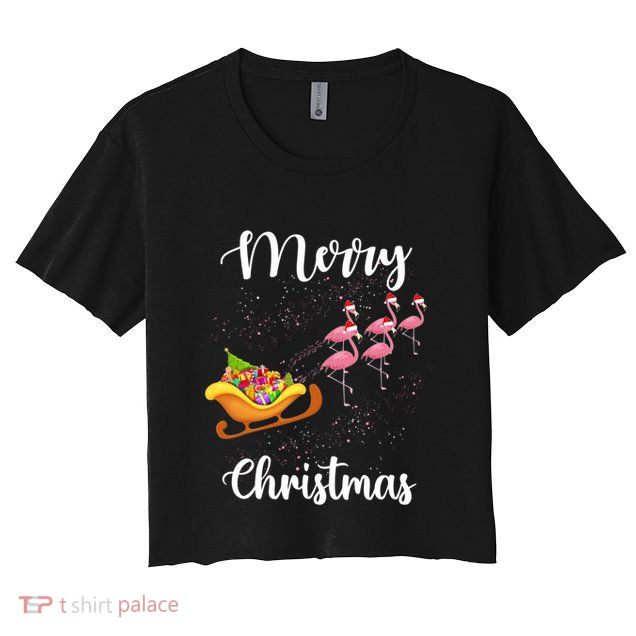 Funny Flamingo Christmas Pink Flamingos Sleigh Snow Santa Gift Crop Top