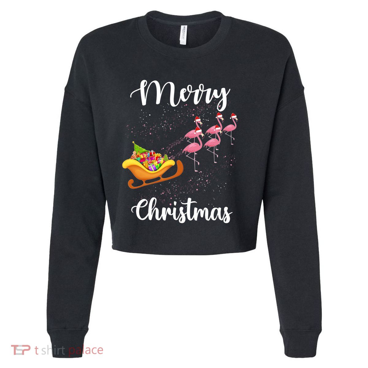 Funny Flamingo Christmas Pink Flamingos Sleigh Snow Santa Gift Cropped Pullover Crew