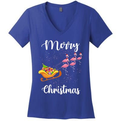 Funny Flamingo Christmas Pink Flamingos Sleigh Snow Santa Gift Women's V-Neck T-Shirt