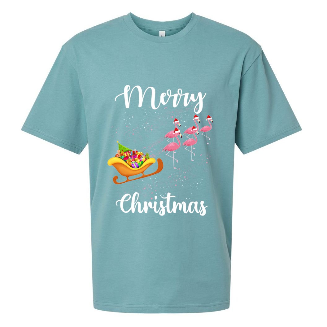 Funny Flamingo Christmas Pink Flamingos Sleigh Snow Santa Gift Sueded Cloud Jersey T-Shirt