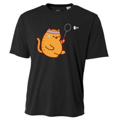 Funny Fat Cat Playing Badminton Cooling Performance Crew T-Shirt