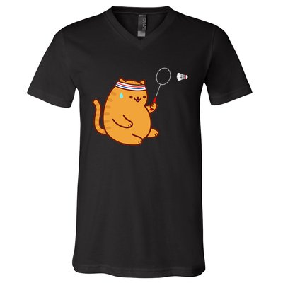 Funny Fat Cat Playing Badminton V-Neck T-Shirt