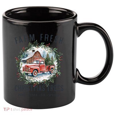 Farm Fresh Christmas Trees Vintage Red Truck And Barn Cute Gift 11oz C Handle Ceramic Mug