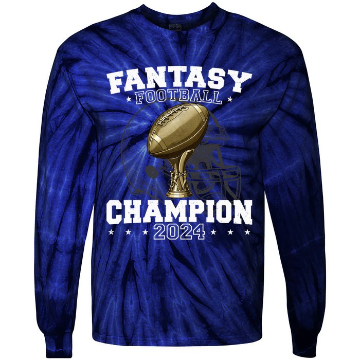 Fantasy Football Champion 2024 Shield Trophy Emblem Tie-Dye Long Sleeve Shirt