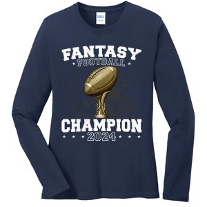 Fantasy Football Champion 2024 Shield Trophy Emblem Ladies Long Sleeve Shirt