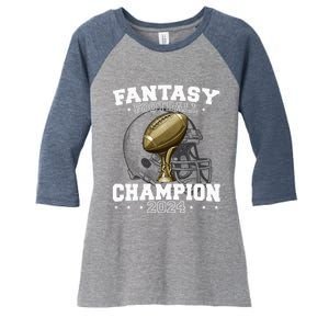 Fantasy Football Champion 2024 Shield Trophy Emblem Women's Tri-Blend 3/4-Sleeve Raglan Shirt