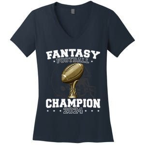 Fantasy Football Champion 2024 Shield Trophy Emblem Women's V-Neck T-Shirt