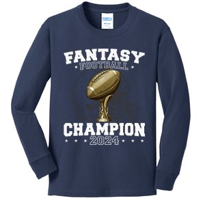 Fantasy Football Champion 2024 Shield Trophy Emblem Kids Long Sleeve Shirt