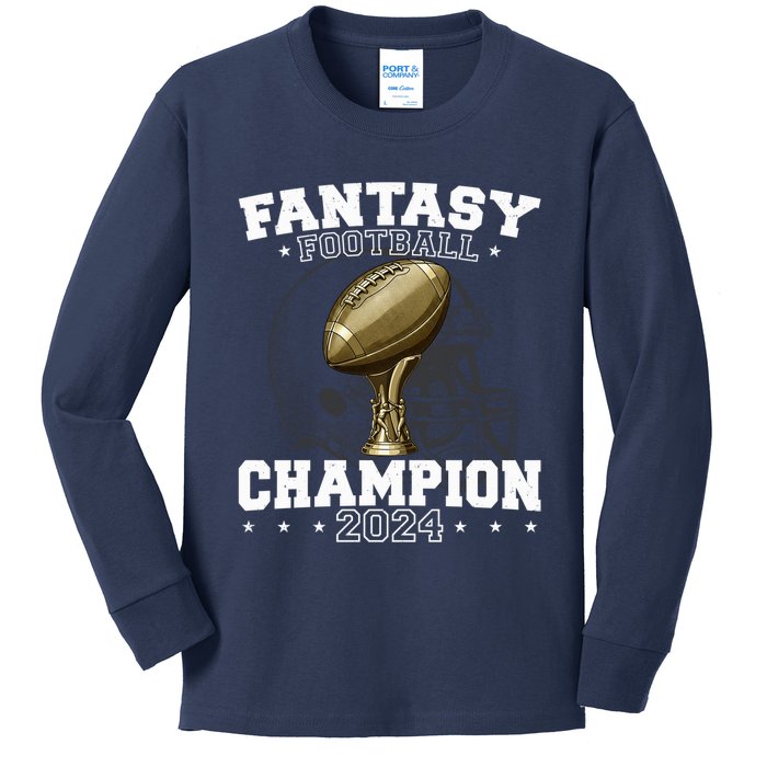 Fantasy Football Champion 2024 Shield Trophy Emblem Kids Long Sleeve Shirt