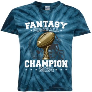 Fantasy Football Champion 2024 Shield Trophy Emblem Kids Tie-Dye T-Shirt