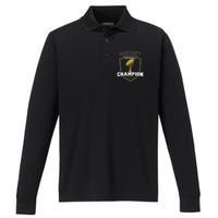 Fantasy Football Champion 2024 Shield Trophy Emblem Performance Long Sleeve Polo