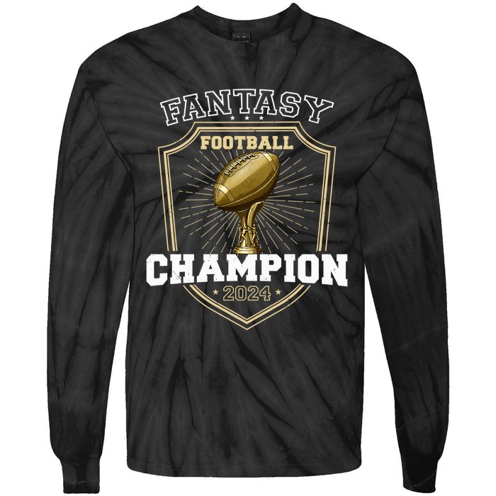 Fantasy Football Champion 2024 Shield Trophy Emblem Tie-Dye Long Sleeve Shirt