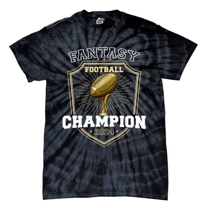 Fantasy Football Champion 2024 Shield Trophy Emblem Tie-Dye T-Shirt