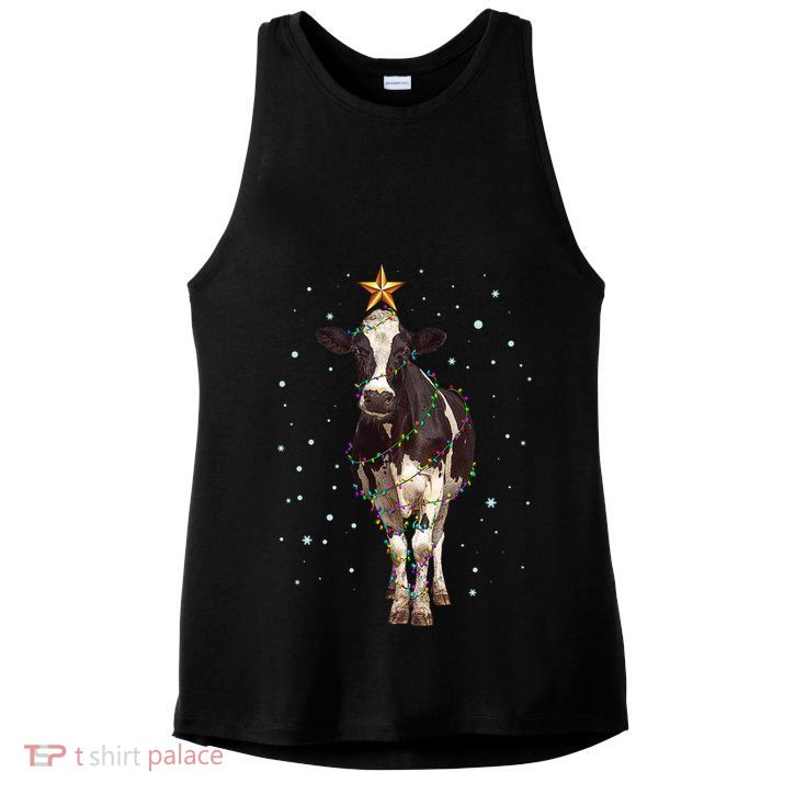 Funny Festive Christmas Lights Cow Ladies PosiCharge Tri-Blend Wicking Tank
