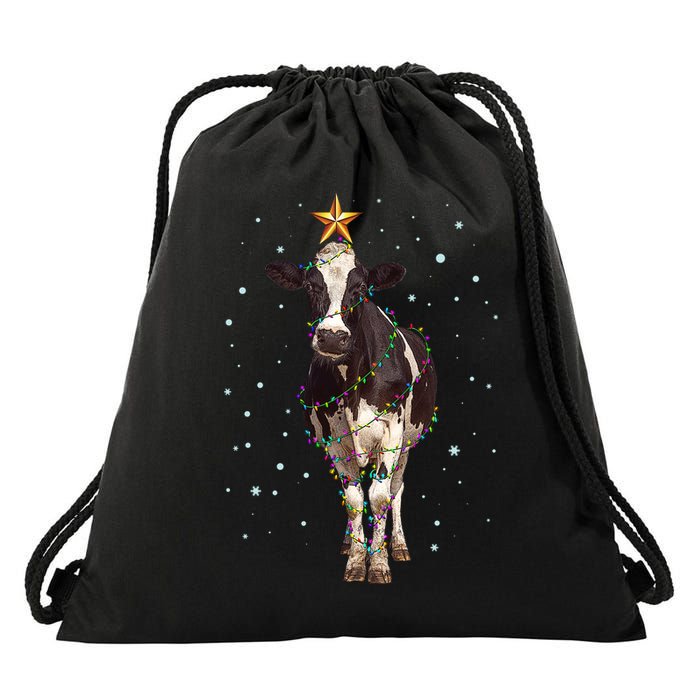 Funny Festive Christmas Lights Cow Drawstring Bag