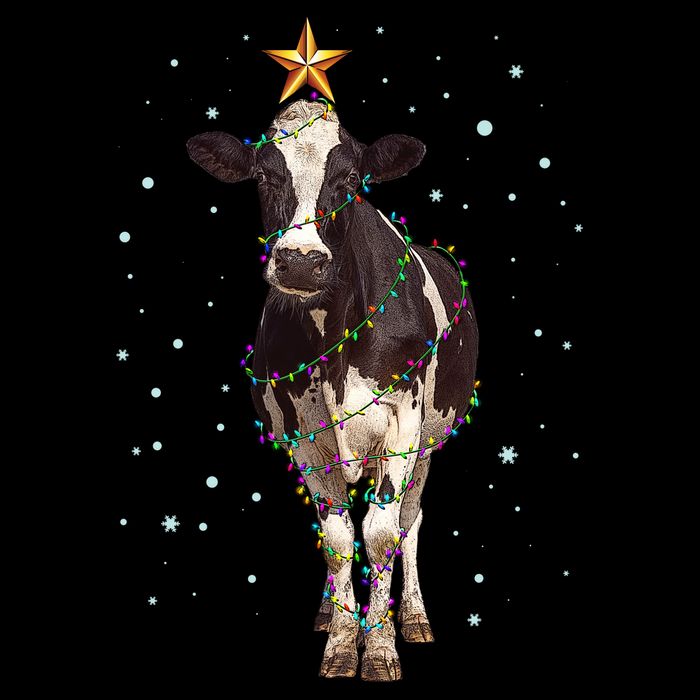Funny Festive Christmas Lights Cow Drawstring Bag